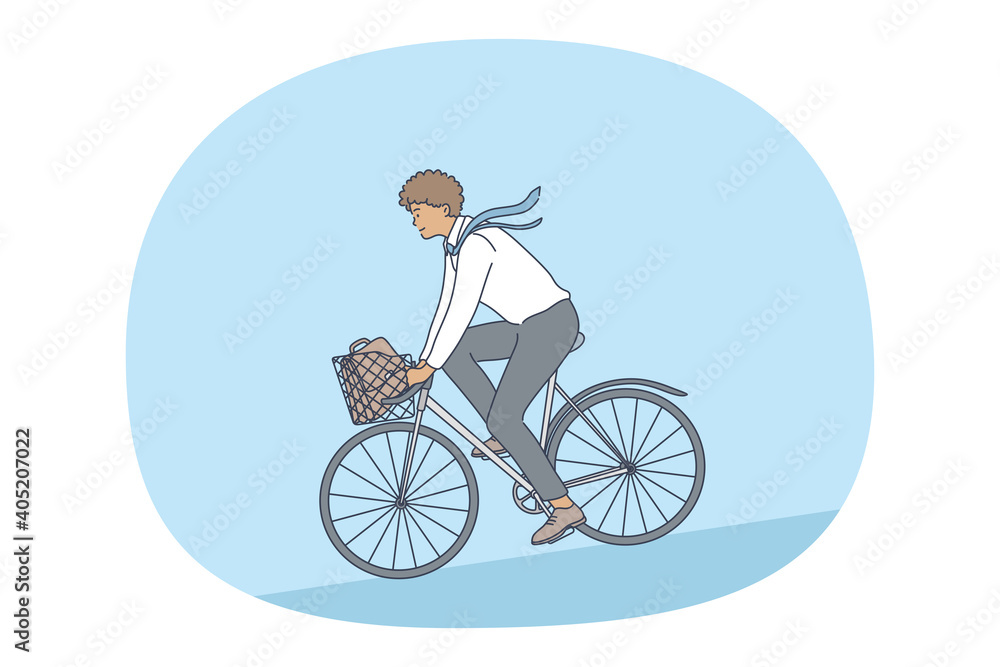 Obraz premium Healthy active lifestyle, sport, leisure hobby concept. Young happy man enjoying riding bicycle in park on summer vector illustration. Recreation, activity, entertainment, fitness, fun 