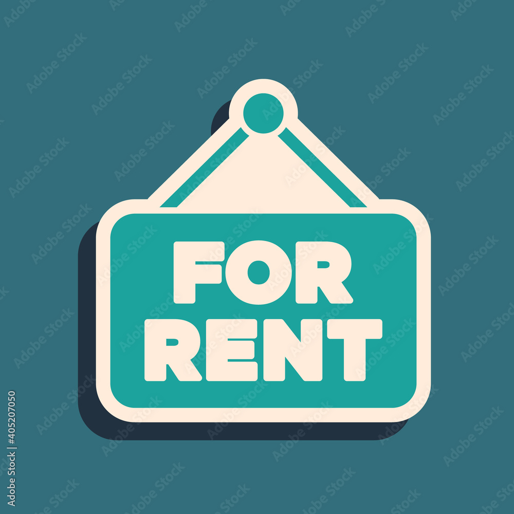 Green Hanging sign with text For Rent icon isolated on green background. Signboard with text For Rent. Long shadow style. Vector. Green Hanging sign with text For Rent icon isolated on green background. Signboard with text For Rent. Long shadow style. Vector.