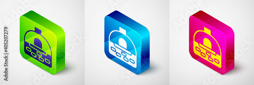 Isometric Brick stove icon isolated on grey background. Brick fireplace, masonry stove, stone oven icon.Square button. Vector.