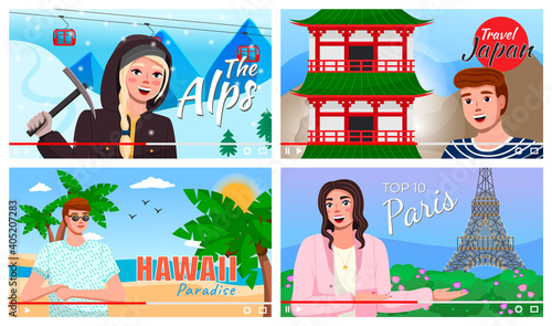 Set of traveling pictures to different countries. Travel to Japan, the Alps, Hawaii, Paris. Different countries sightseeing. Tourism and journey. Holidays and vacation. Skiing, swimming. Flat image