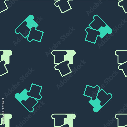 Green and beige Bread toast for sandwich piece of roasted crouton icon isolated seamless pattern on blue background. Lunch, dinner, breakfast snack. Vector.