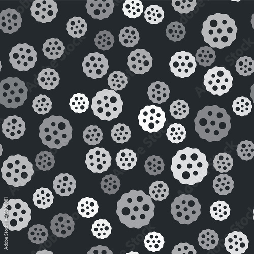 Grey Cookie or biscuit with chocolate icon isolated seamless pattern on black background. Vector.