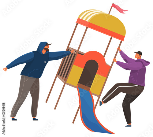 Vandals destroy a children s slide in a public park. Masked and hooded bandits destroy city property. Street gangsters and vandalism concept. Aggressive men break down the playground isolated on white