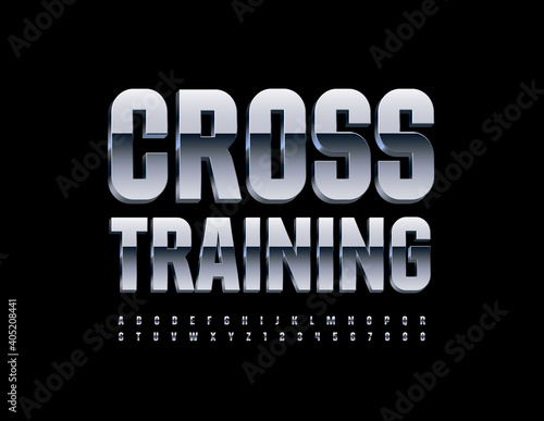 Vector iron emblem Cross Training. 3D Metal Font. Silver Alphabet Letters and Numbers set
