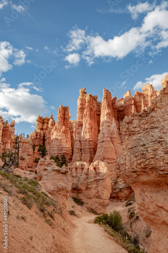 A hiking trail through the sandstone spire shaped rock formations known as hoodoos at Bryce Canyon National Park  Utah  USA.