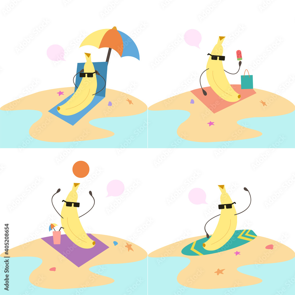 Set of vector illustrations of activities of banana which wears sunglasses at the beach