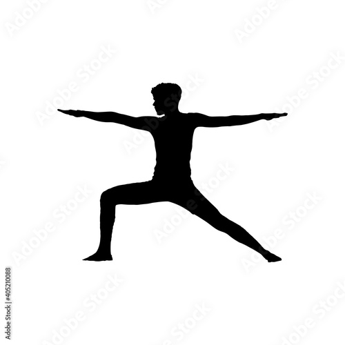Silhouette of a man doing yoga on a white background.