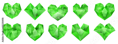 Set of green hearts of various shape made of crystals