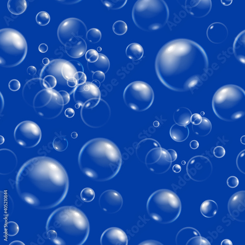 Seamless pattern soap bubbles on dark background. Blue water balls. Realistic vector background.