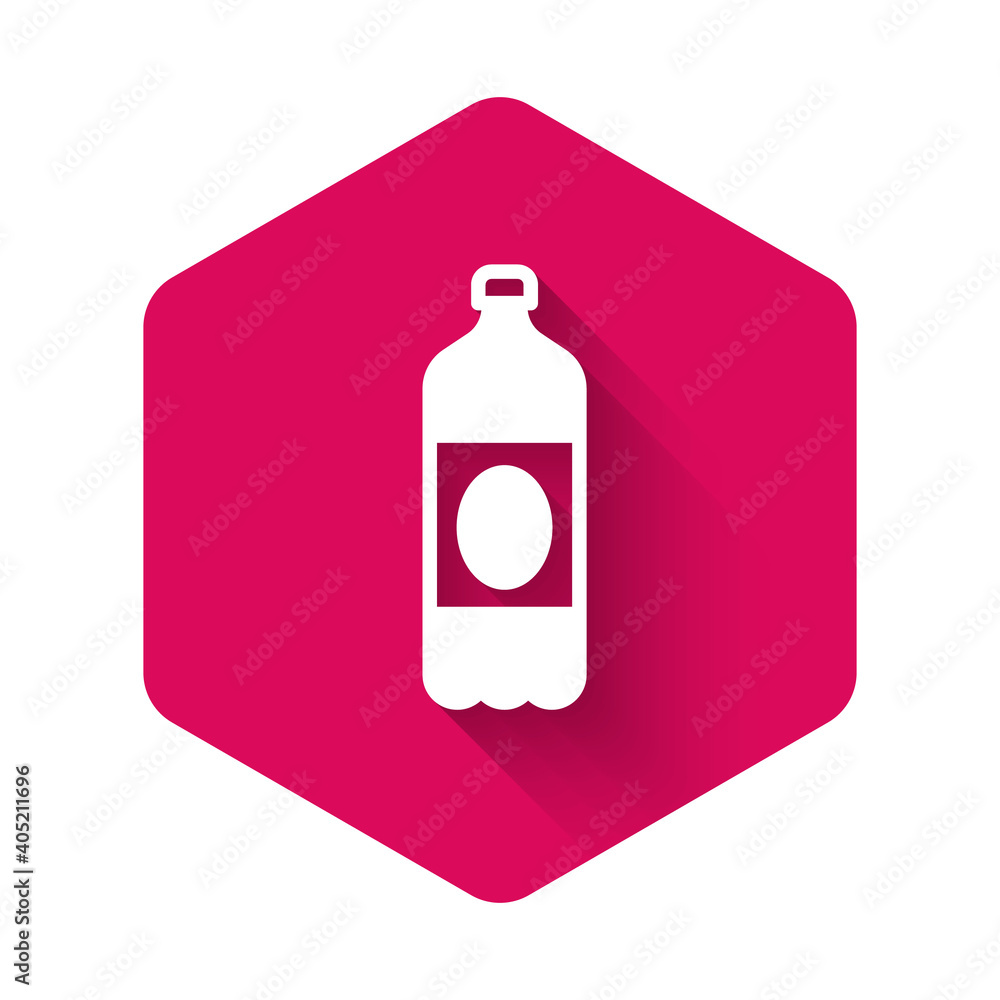 White Plastic beer bottle icon isolated with long shadow background. Pink hexagon button. Vector. White Plastic beer bottle icon isolated with long shadow background. Pink hexagon button. Vector.