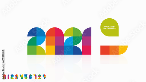 Concept of changing the year from 2020 to 2021. Vector illustration of abstract geometric numbers set made of colorful blocks isolated on white background for your design