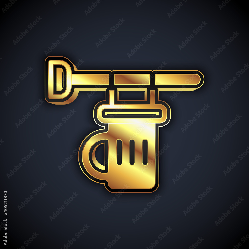 Gold Street signboard with glass of beer icon isolated on black background. Suitable for advertisements bar, cafe, pub, restaurant. Vector. Gold Street signboard with glass of beer icon isolated on black background. Suitable for advertisements bar, cafe, pub, restaurant. Vector.