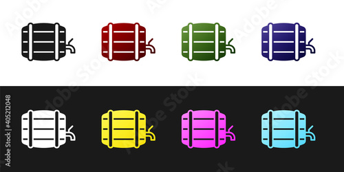 Set Wooden barrel on rack with stopcock icon isolated on black and white background. Vector.