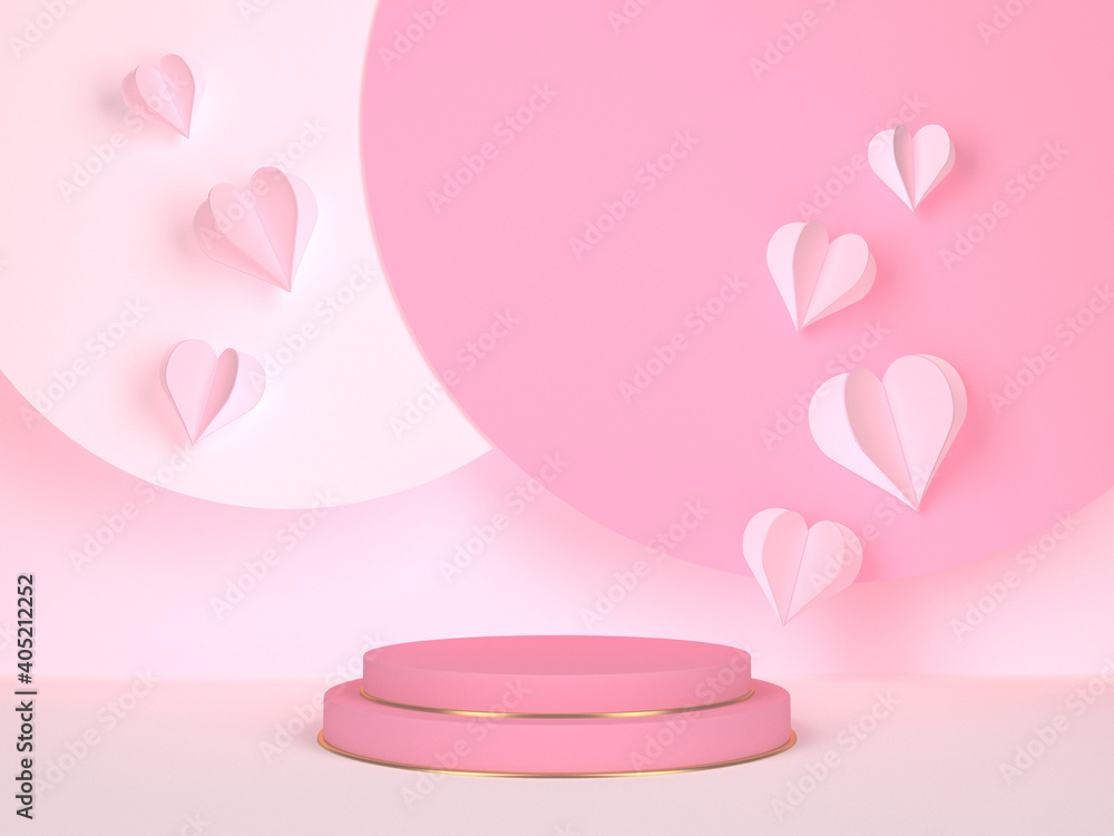 Pink podium with hearts. Wedding and Valentine's day concept. 3d rendering