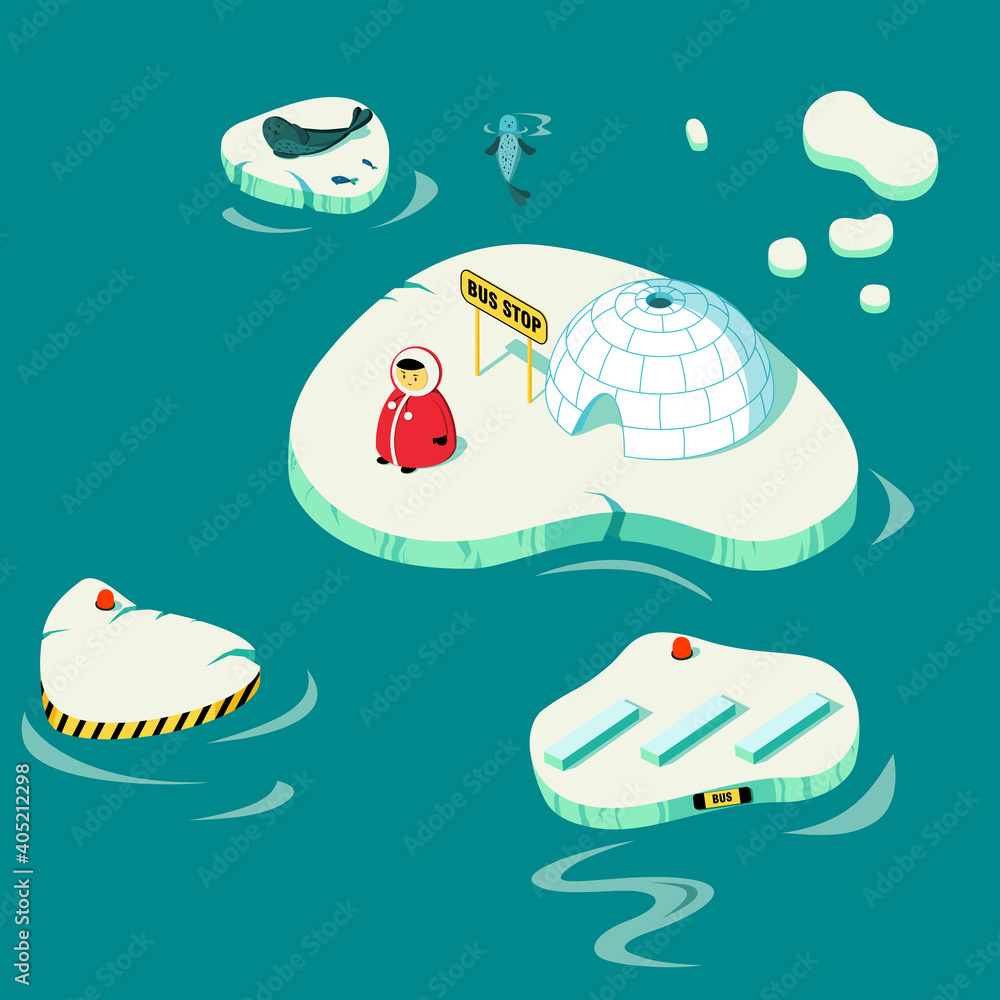 Naklejka premium Cute eskimos ice bus station