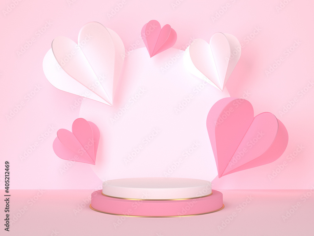 Pink podium with hearts. Wedding and Valentine's day concept. 3d rendering