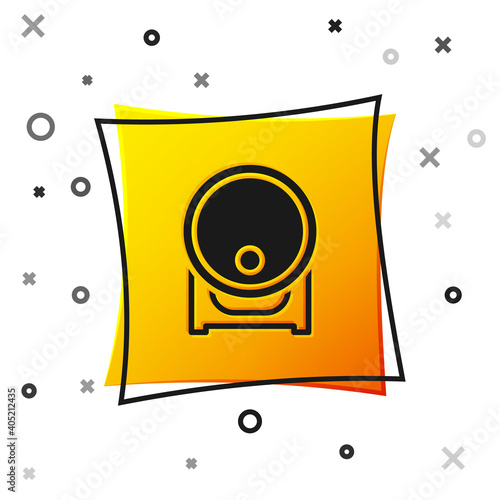 Black Wooden barrel on rack with stopcock icon isolated on white background. Yellow square button. Vector.