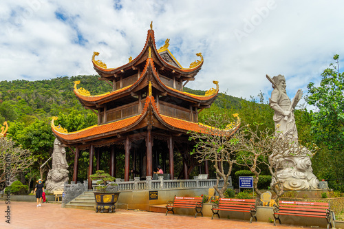 Wide angle view of Ho Quoc pagoda  Vietnamese name is Truc Lam Thien Vien  with big statue of guanyin bodhisattva on mount  Phu Quoc island  Vietnam