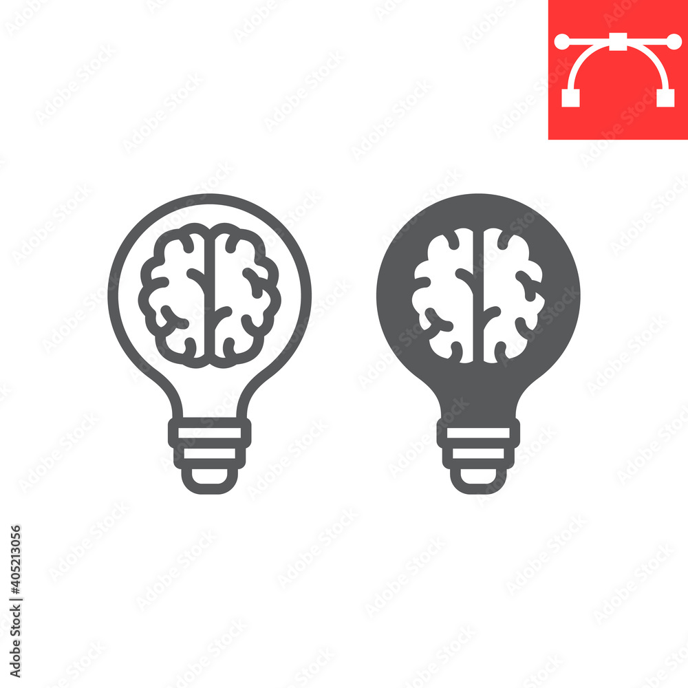 Creative brain line and glyph icon, idea and lightbulb, creative thinking sign vector graphics, editable stroke linear icon, eps 10. Creative brain line and glyph icon, idea and lightbulb, creative thinking sign vector graphics, editable stroke linear icon, eps 10.