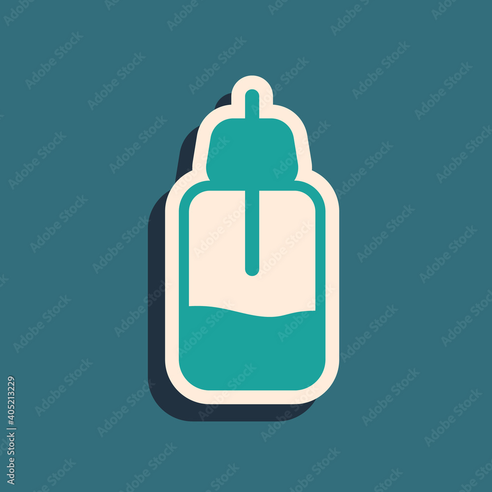 Green Essential oil bottle icon isolated on green background. Organic aromatherapy essence. Skin care serum glass drop package. Long shadow style. Vector. Green Essential oil bottle icon isolated on green background. Organic aromatherapy essence. Skin care serum glass drop package. Long shadow style. Vector.