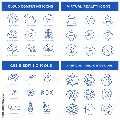 Modern technologies icons set for such themes as cloud computing, virtual reality, gene editing, and artificial intelligence