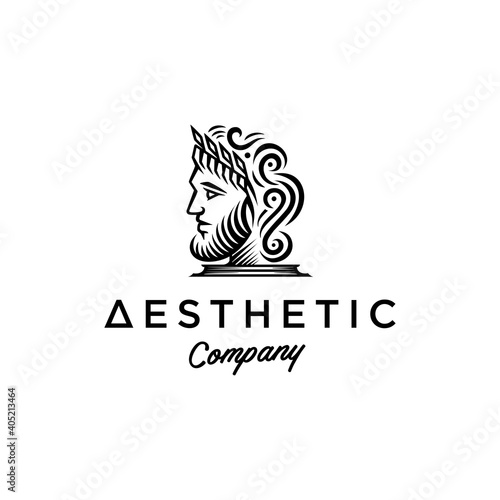 Ancient Greek Figure Face Head Statue Sculpture Logo design, Elegance logo apollo God wearing leaf crown, line linear illustration elegant logo illustration