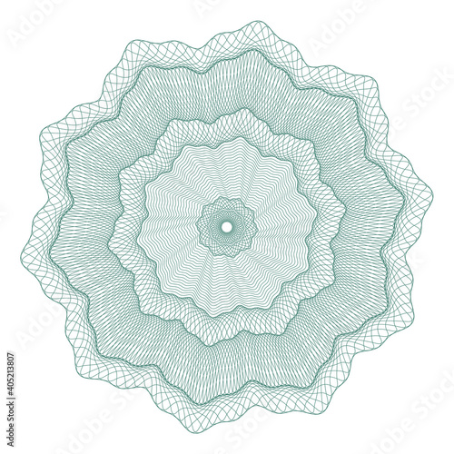 Guilloche rosette, grid, a template for the protection of securities, an ornament in the form of wavy curly lines in the form of a flower