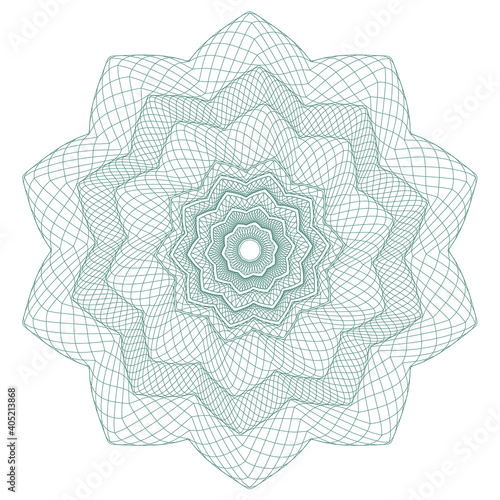 Guilloche rosette, grid, a template for the protection of securities, an ornament in the form of wavy curly lines in the form of a flower