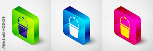 Isometric Sauna bucket icon isolated on grey background. Square button. Vector.