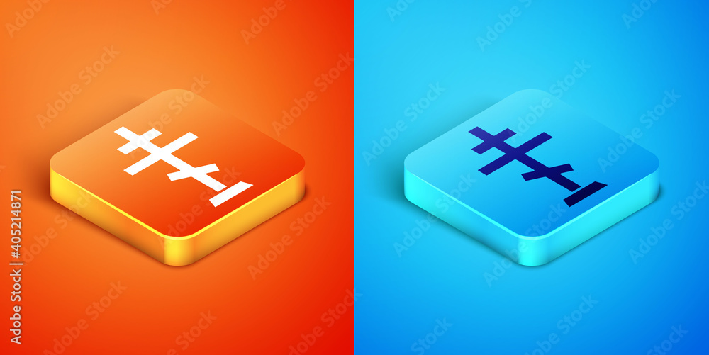 Isometric Christian cross icon isolated on orange and blue background. Church cross. Vector. Isometric Christian cross icon isolated on orange and blue background. Church cross. Vector.