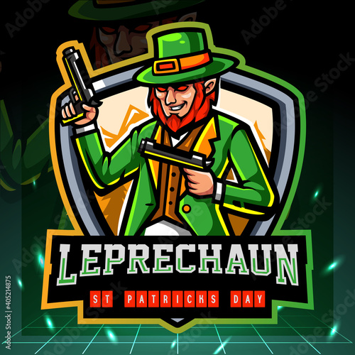 The leprechaun dwarf mascot holds a gun. esport logo design