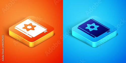 Isometric Jewish torah book icon isolated on orange and blue background. Pentateuch of Moses. On the cover of the Bible is the image of the Star of David. Vector.