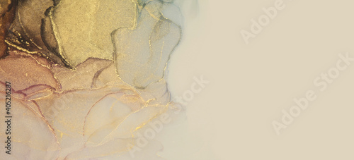 Abstract brown and gold glitter color horizontal background. Marble texture. Alcohol ink