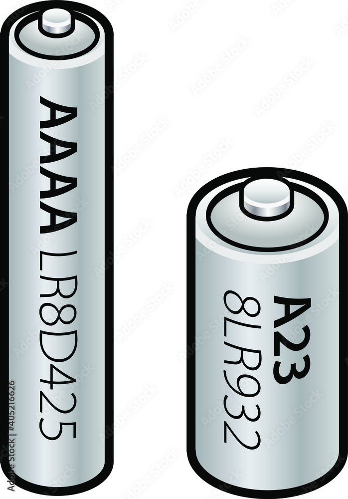 Detailed AAAA and A23 dry cell batteries labelled with their common