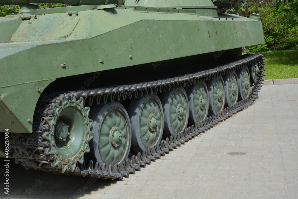 Detail of a Russian tank close up. Caterpillar. Military equipment on the eve of the Great Victory in the war. Detail of a Russian tank close up. Caterpillar. Military equipment on the eve of the Great Victory in the war.