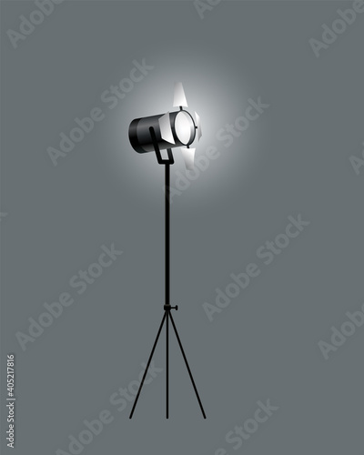 Realistic spotlights with gray background for show contest or interview vector illustration. Photography studio. Illuminated effect form projector, projector for studio illumination