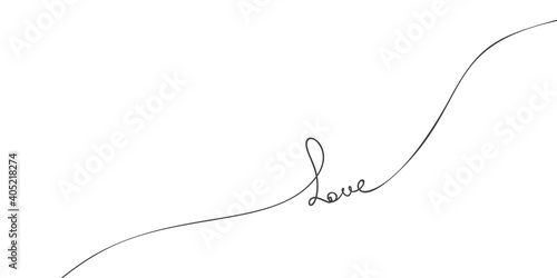 Continuous one line drawing of word Love, calligraphy lettering free handwriting wavy love concept, black ad white graphics