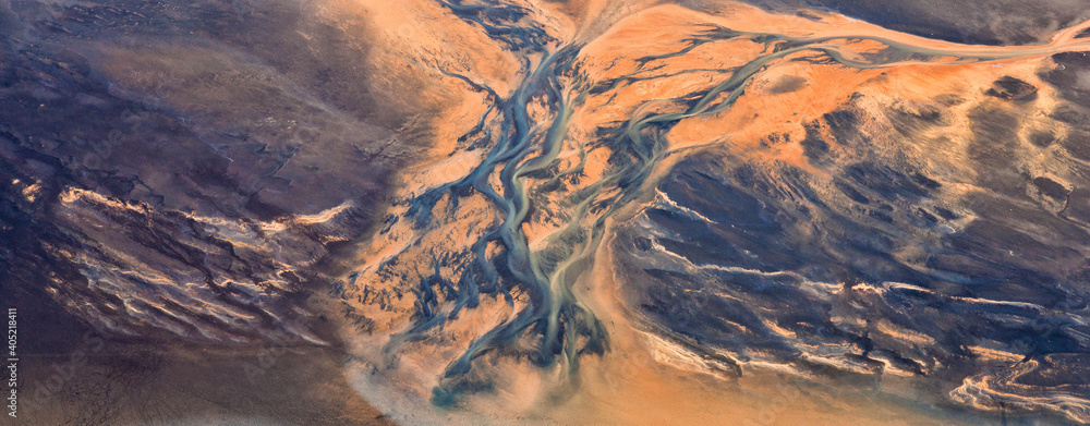 Aerial view of river delta in Iceland