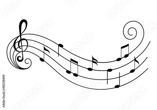 Music notes on staves. Music staff black notes symbols in rounded corners style. Abstract row of musical notes and chords collection. Vector musical notation