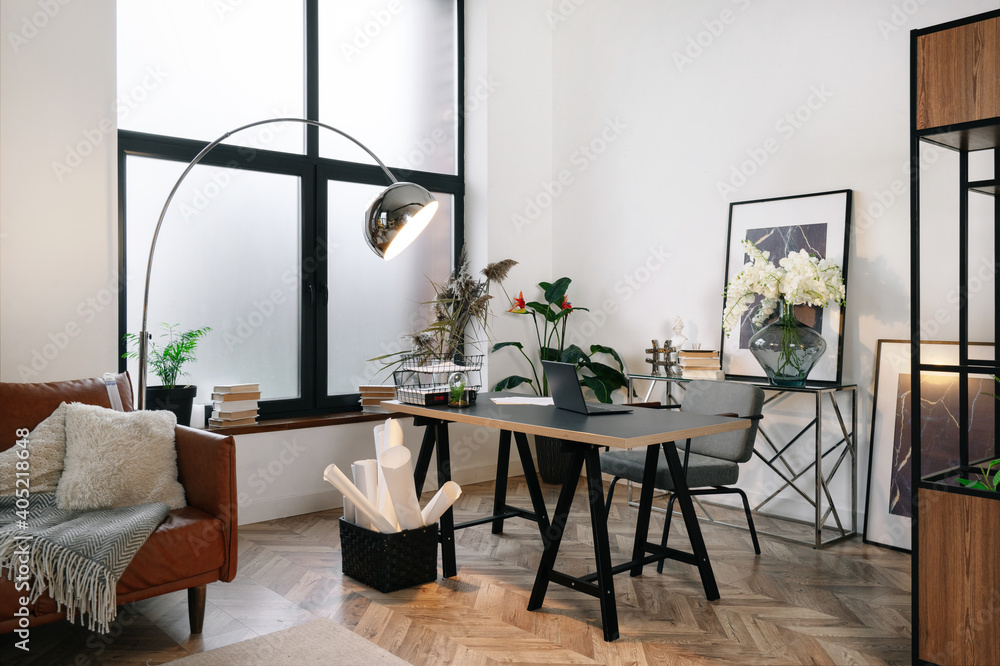 Fototapeta premium Modern home office with contemporary interior design