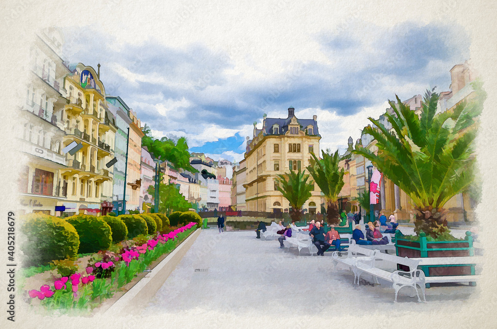 Fototapeta premium Watercolor drawing of Karlovy Vary: people are walking down street and Tepla river embankment in Karlsbad historical city centre