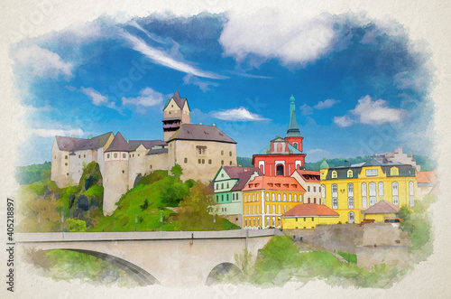 Watercolor drawing of Loket Castle Hrad Loket gothic style building on massive rock, colorful buildings in town, bridge over Eger river photo