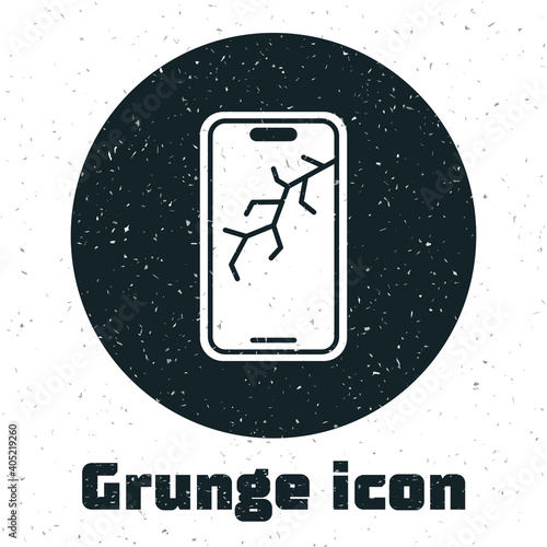 Grunge Smartphone with broken screen icon isolated on white background. Shattered phone screen icon. Monochrome vintage drawing. Vector.