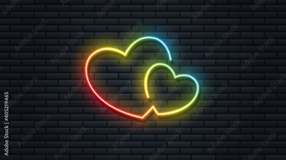 Vector illustration bright rainbow neon heart isolated on dark brick wall background. Realistic retro neon heart sign for Happy Valentines Day. Romantic design element for greeting card and banner.
