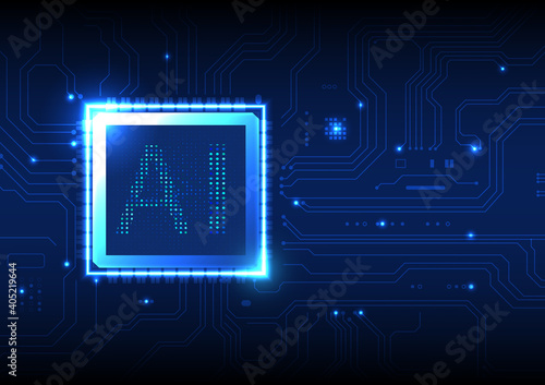 AI concept intelligence on printed circuit board blue background.