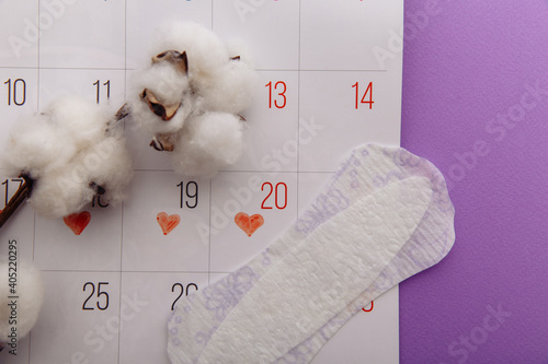 Fototapeta Naklejka Na Ścianę i Meble -  Menstruation woman hygiene concept. Minimal flat lay menstrual pad and calendar with a branch of cotton on a lilac background.