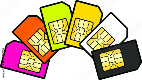 A selection of SIM cards of different colours.