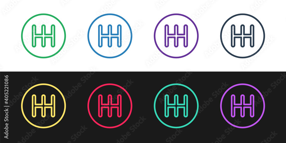 Set line Gear shifter icon isolated on black and white background. Transmission icon. Vector. Set line Gear shifter icon isolated on black and white background. Transmission icon. Vector.