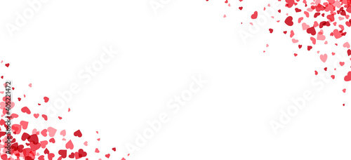 Red hearts confetti frame on white background.