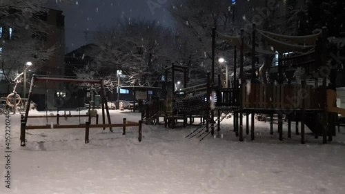 Dark evening park rides and falling snow